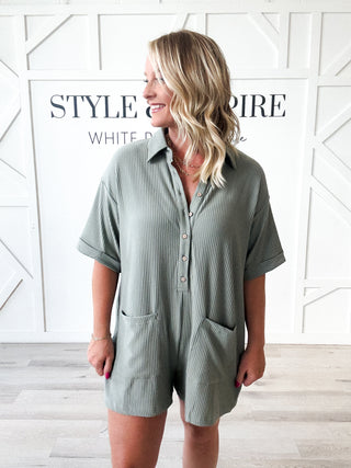 Short Sleeved Ribbed Button Down Romper