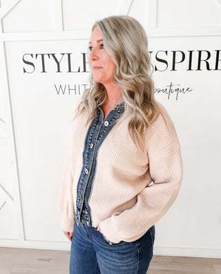 Charlee Denim Contrast Ribbed Cardigan