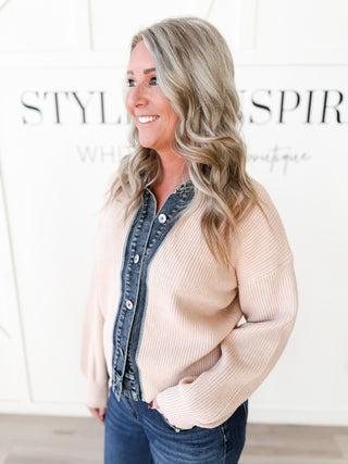 Charlee Denim Contrast Ribbed Cardigan