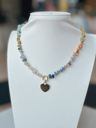 Multi Color Chip Stone & Heart Necklace. *Final Sale*