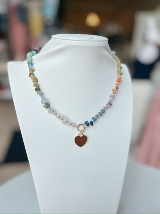 Multi Color Chip Stone & Heart Necklace. *Final Sale*