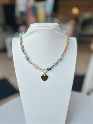 Multi Color Chip Stone & Heart Necklace. *Final Sale*
