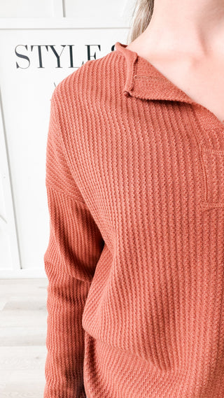 Angela Split V-Neck Waffle Sweater