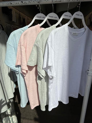 slub knit tee in blush, lt blue, lt sage and white