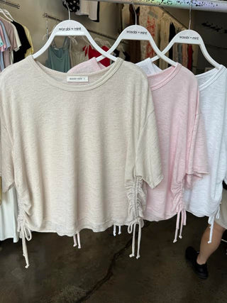 Self tie side ruched drop shoulder tee. light weight slub knit