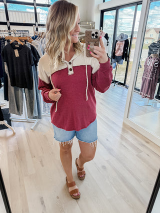 Tamera Rib Color Block Button Hoodie