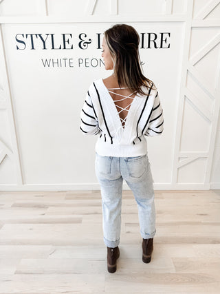 Amy Stripe Dolman Back Lace Crop Sweater