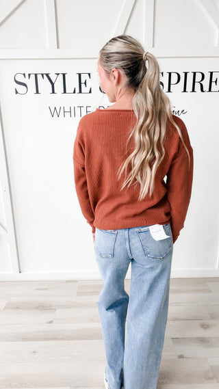 Angela Split V-Neck Waffle Sweater