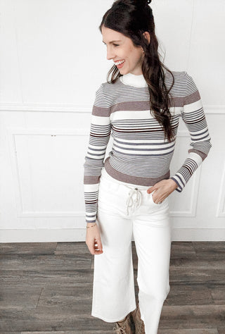ivory, navy and plum mock neck fitted ribbed sweater