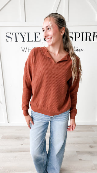 Angela Split V-Neck Waffle Sweater