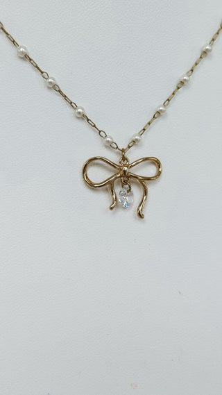 Rhinestone Ribbon Bow Pearl Necklace *Final Sale*
