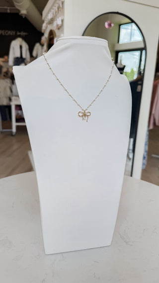Rhinestone Ribbon Bow Pearl Necklace *Final Sale*