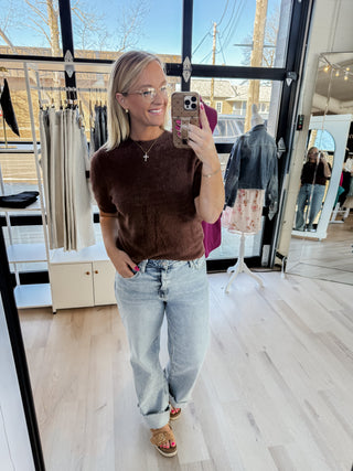 brown short sleeve fuzzy top