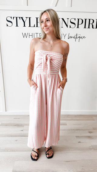 Montana Coastal Tie Front Strapless Jumpsuit