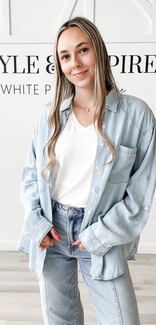 Nicole Flower Embroidered Chambray Shirt