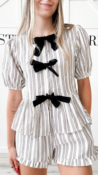 Irene Stripe Front Tie Ruffle Blouse