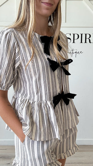 Irene Stripe Front Tie Ruffle Blouse