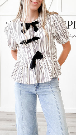 Irene Stripe Front Tie Ruffle Blouse