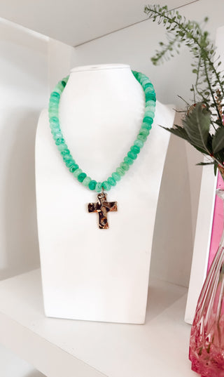 Aqua Beaded Cross Necklace. *Final Sale*
