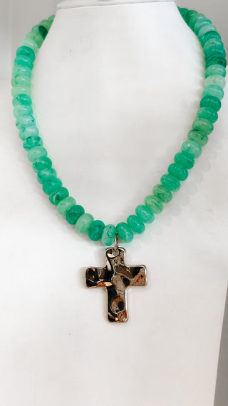 Aqua Beaded Cross Necklace. *Final Sale*
