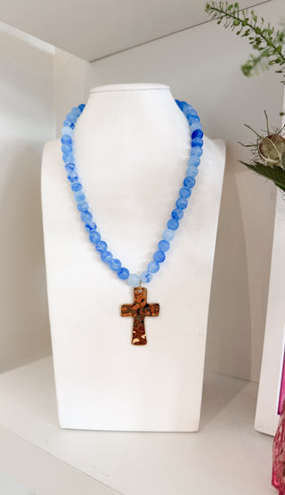 Aqua Beaded Cross Necklace. *Final Sale*
