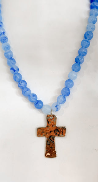 Aqua Beaded Cross Necklace. *Final Sale*