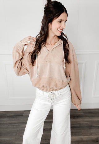 beige cropped hooded sweatshirt