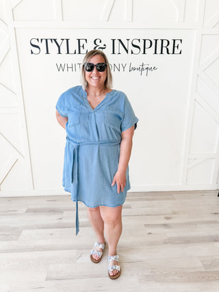 Ruth Belted Chambray Mini Shirt Dress