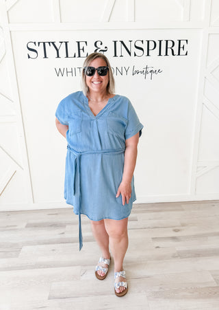 Ruth Belted Chambray Mini Shirt Dress