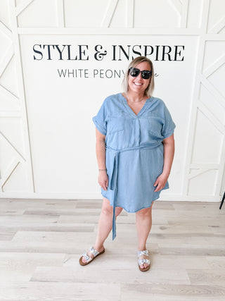 Ruth Belted Chambray Mini Shirt Dress