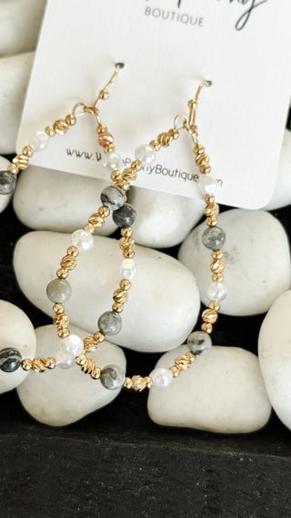 Mixed Stone and Pearl Open Teardrop Earrings