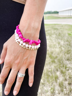 Three bracelets. Cut glass, Chippy stone, Flat round beads. shades of pink