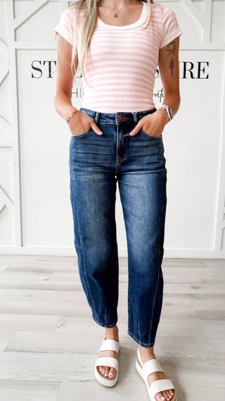 dark wash barrel jeans