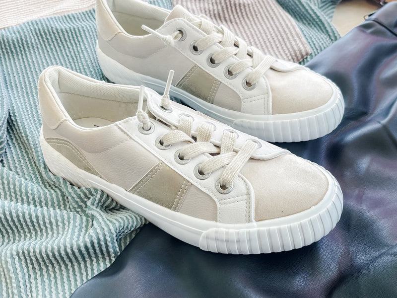 Featuring a signature BLOOM™ foam insole, the Blowfish® Malibu Wave-B Casual and Fashion Sneakers are sure to offer cushioning comfort with soft fabric lining and round toe silhouette. Textured synthetic PU upper. Lace-up closure. Synthetic outsole. Imported. Beige color with darker metallic strip across the side