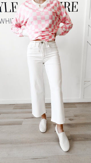 Vervet Drawstring Crop Wide White Jeans