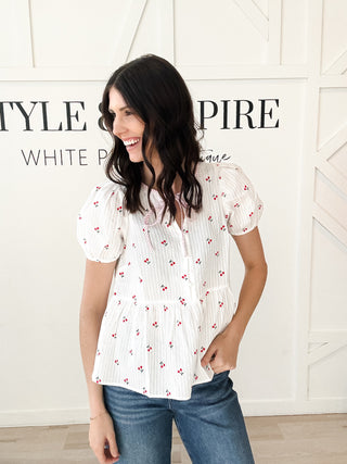 Sasha Cherry Peplum Keyhole Top