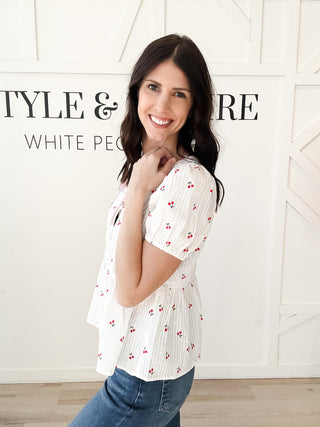 Sasha Cherry Peplum Keyhole Top