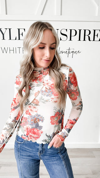 Tabitha Mesh Exposed Seam Floral Top