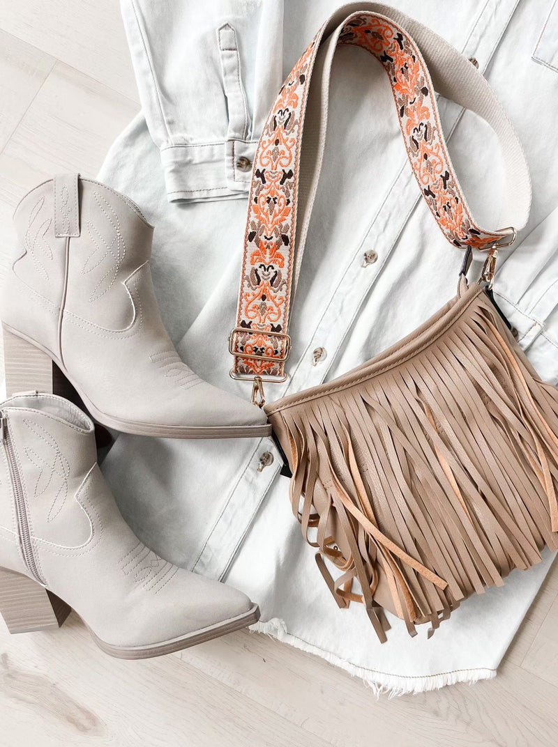 Fringe crossbody with in stone color!  Adjustable removable straps.  