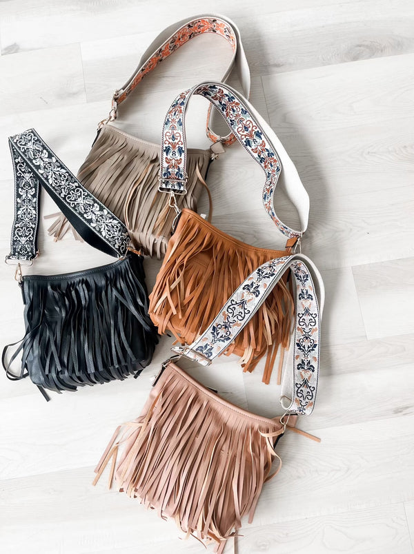 Fringe crossbody with 4 must have colors!  Adjustable removable straps.  