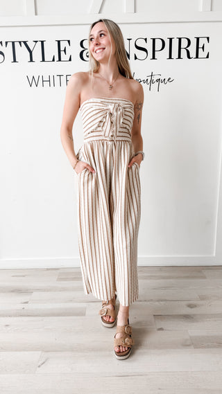 Montana Coastal Tie Front Strapless Jumpsuit