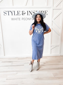 Washed denim color, Born To Be Free Graphic Dress. The midi length and side slits create flattering movement, while the short sleeves and crew neck keep the look classic.