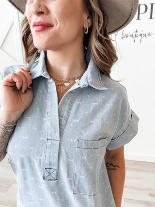 Shayla Split V-Neck Denim Shift Dress