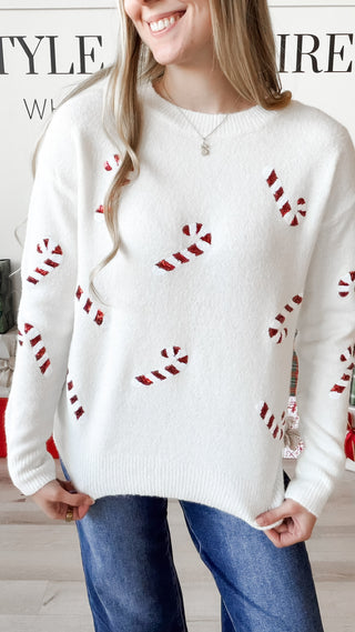 Sequin Candy Cane Christmas Sweater