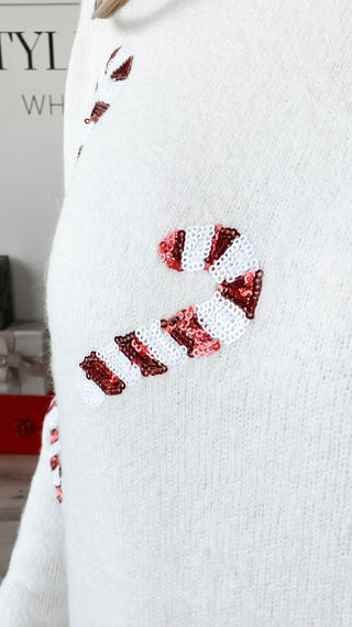 Sequin Candy Cane Christmas Sweater