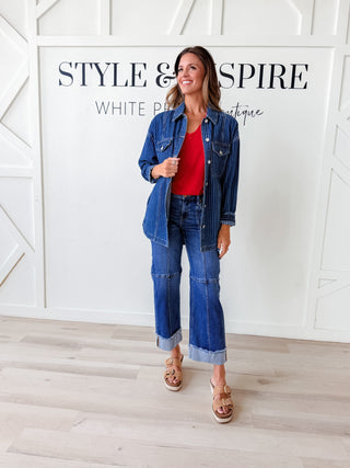 oversized striped denim button up jacket