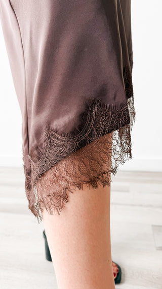 Tabitha Lace Trimmed Asymmetrical Satin Skirt