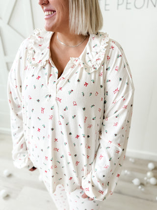 Christmas Pointelle Rib Ruffle Detail PJ Set