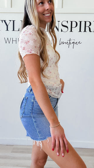 Tilly Sheer Floral Mesh Short Sleeve Top