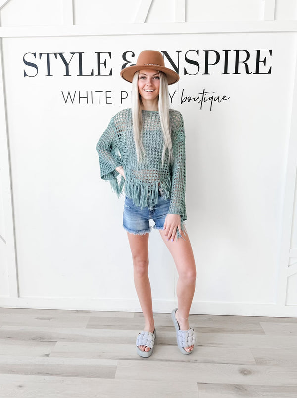 Marlys Open Crochet Fringed Pullover